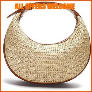 Straw Woven Hobo Crossbody Bag Vegan Faux PU Leather Adjustable Strap